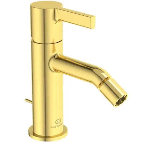 Goldfarbene Bidetarmatur von Ideal Standard mit gerade verlaufendem Auslauf und schwenkbarem Bedienhebel. Kompakte Bauweise, geeignet für moderne Badezimmer.